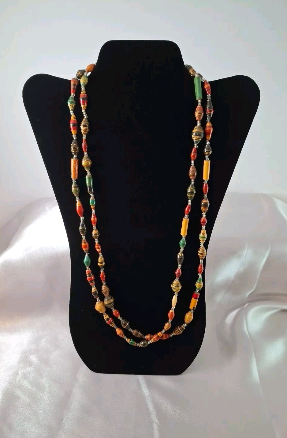 African Beads Recycled Rolled Paper Beaded Necklace Colorful 27″ Long Strand