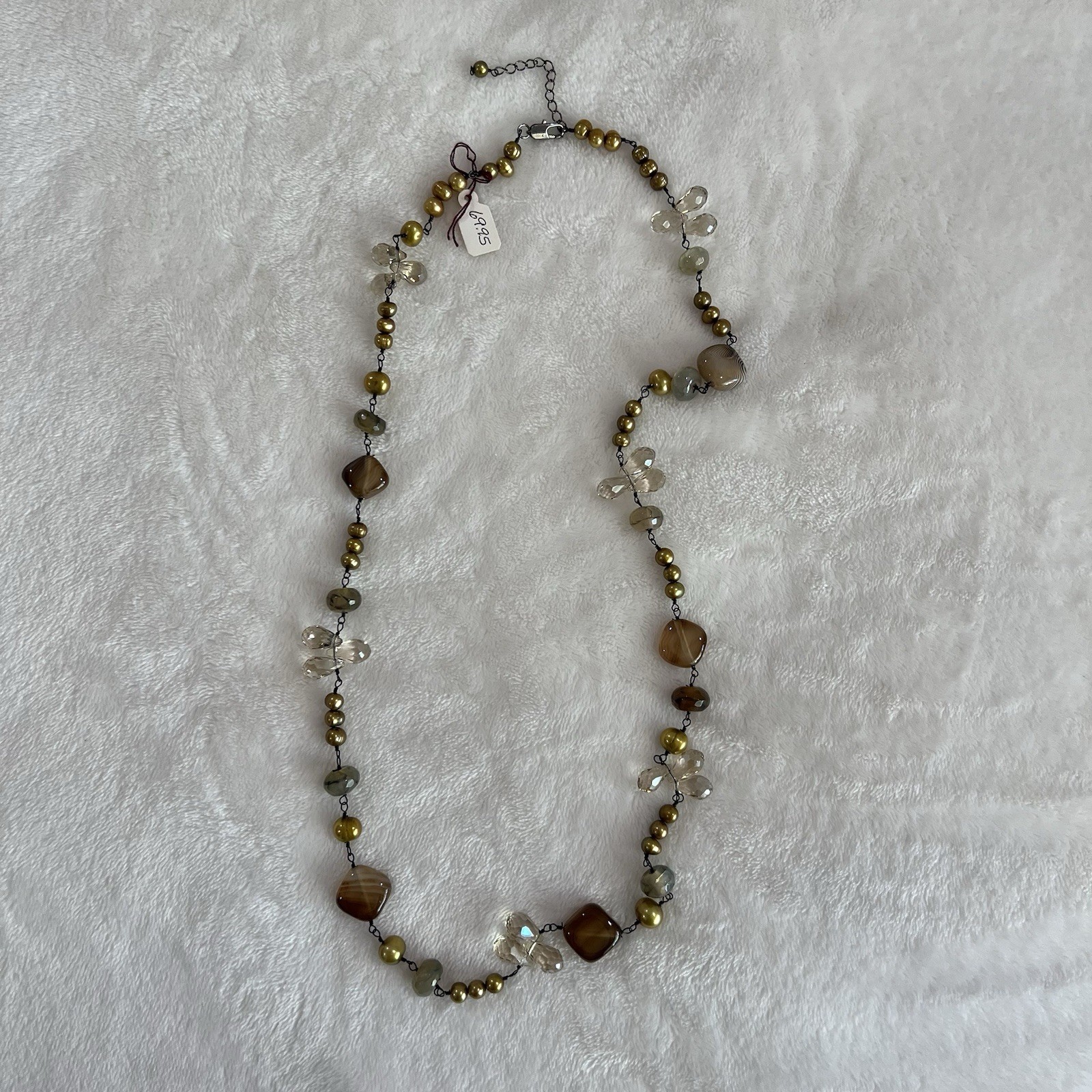 Woman’s 24” Handmade Beaded Necklace With Crystals And Stones And Gold Beads.