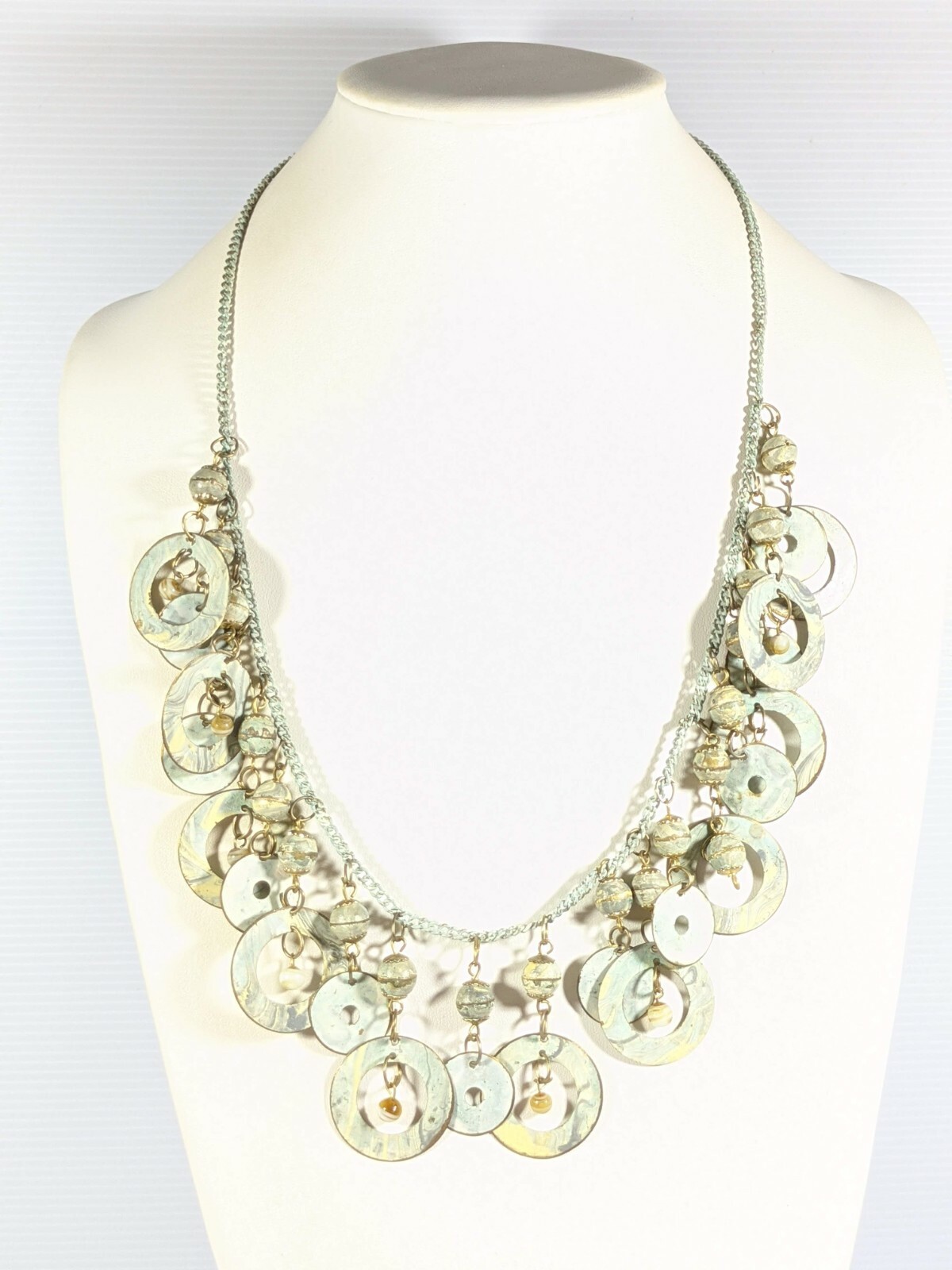 Artisan Ivory Color Gold Tone Metallic Open Circle Bead Charm Necklace 26 inches