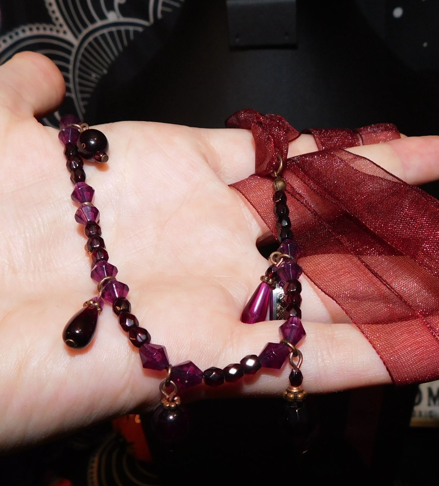 Handmade Gothic Red And Purple Tie On Beaded Necklace