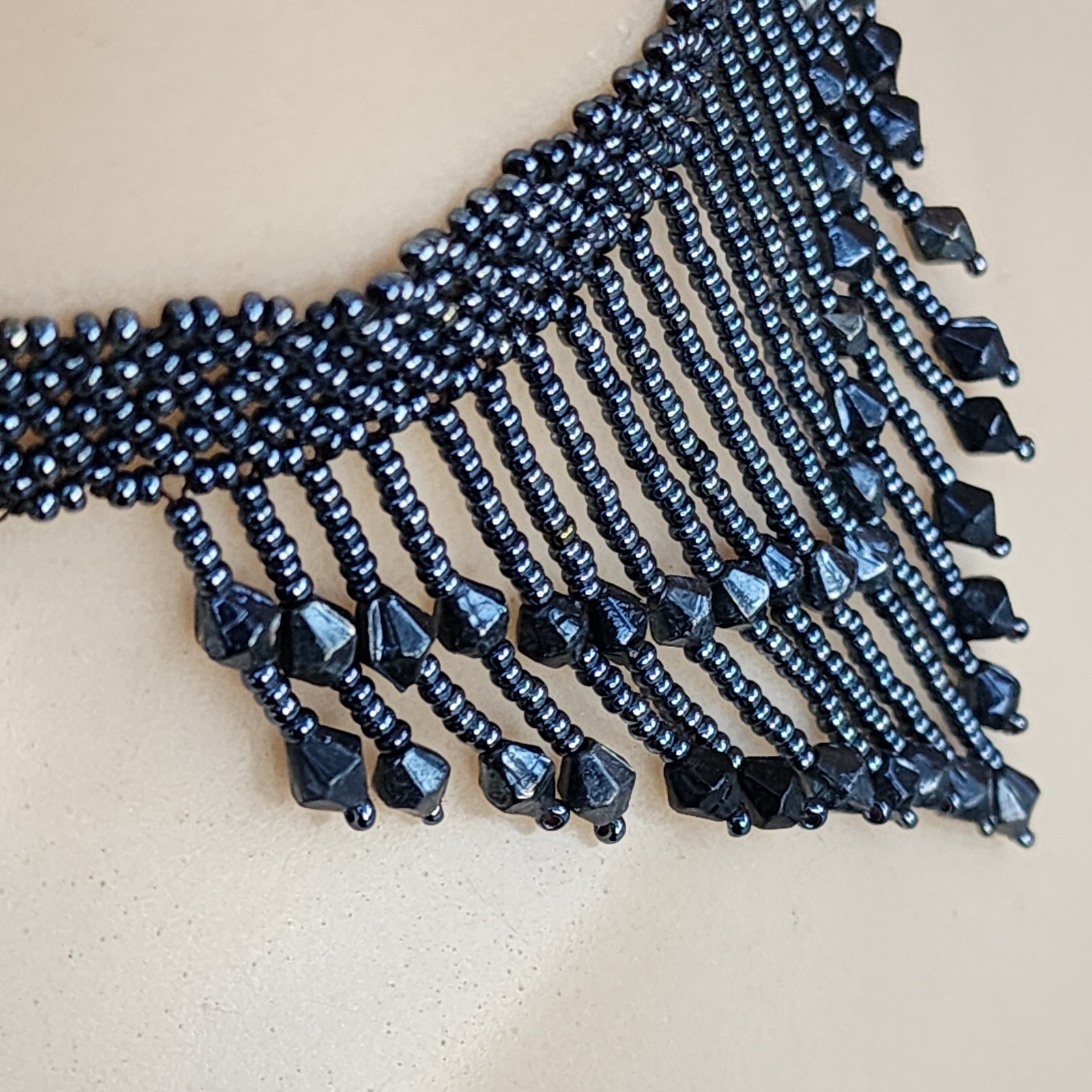 Black Grey Handmade Beaded Choker Necklace Waterfall Fringe Tassel 15″