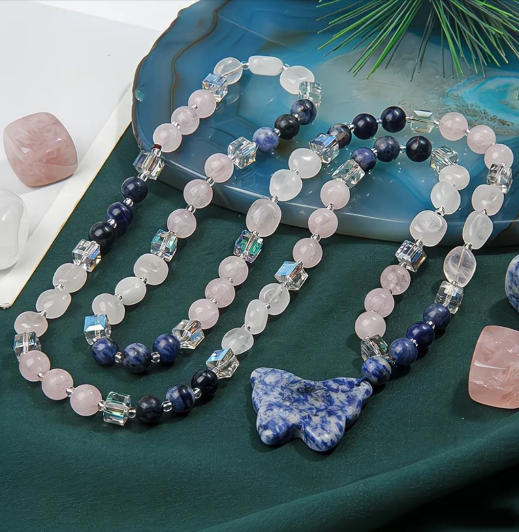 Boho Natural Stone Sodalite & Rose Quartz Butterfly Long Beaded Sweater Necklace