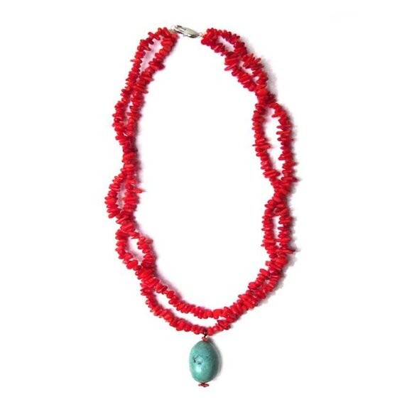 TIGERSTARS DOUBLE STRAND FLAME RED GENUINE CORAL TURQUOISE NEUGGET NECKLACE
