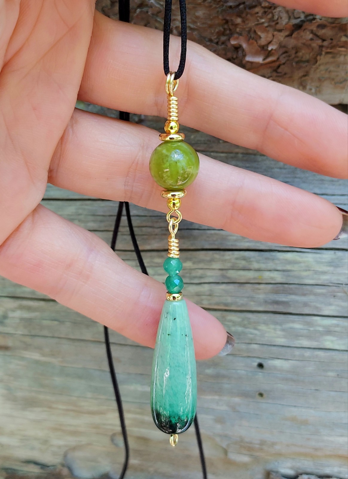 Green Hydrogrossular Garnet Pendant with Peridot Jade Gold Handcrafted Teardrop