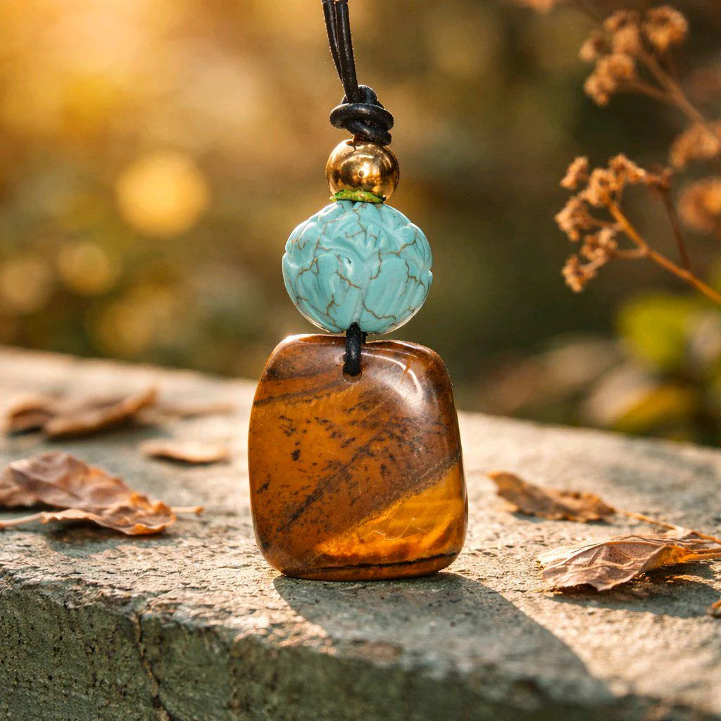 Geometric Tiger’s Eye Necklace, Chunky Crystal Pendant with Turquoise Lotus,