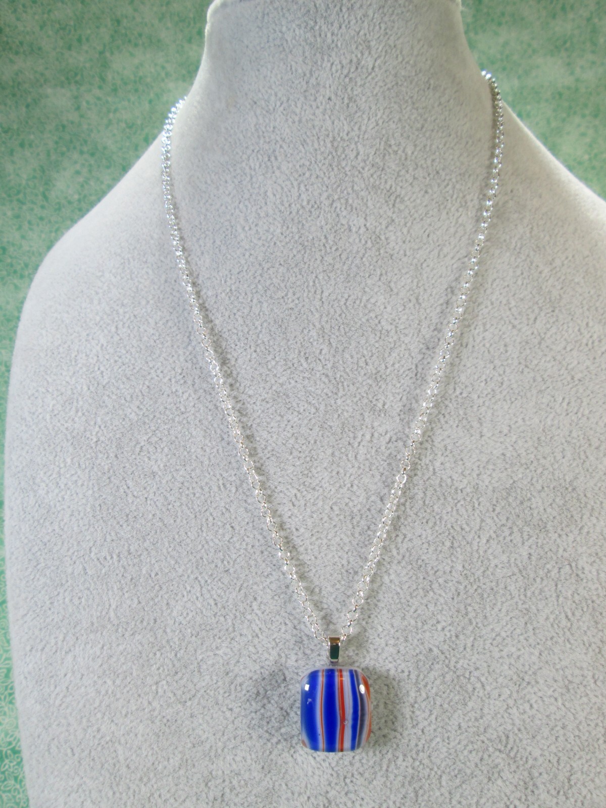 Striped Fused Glass Pendant w/ Silver Plated Rolo Chain 18″ / Blue Red White / B