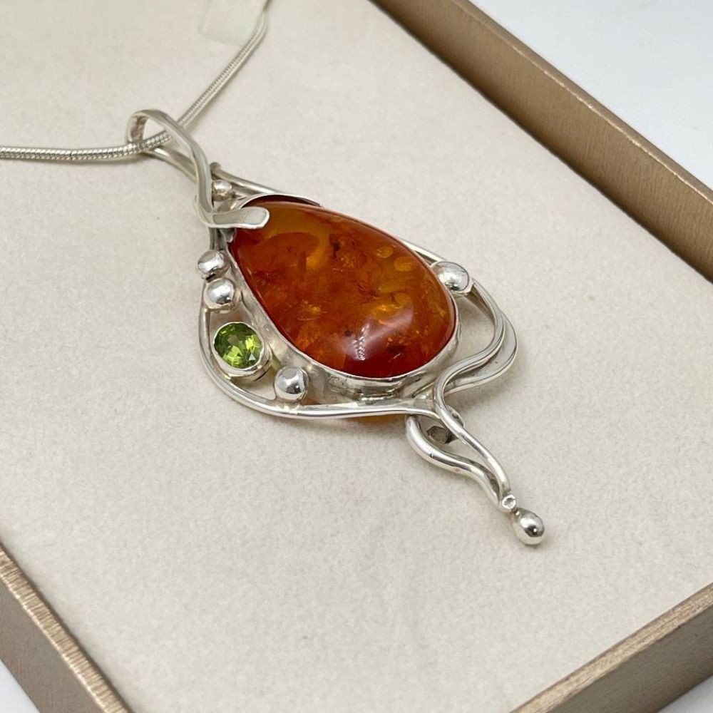 Huge Pear Shape Amber Pendant Necklace with Peridot Silver One of Kind Jewelry