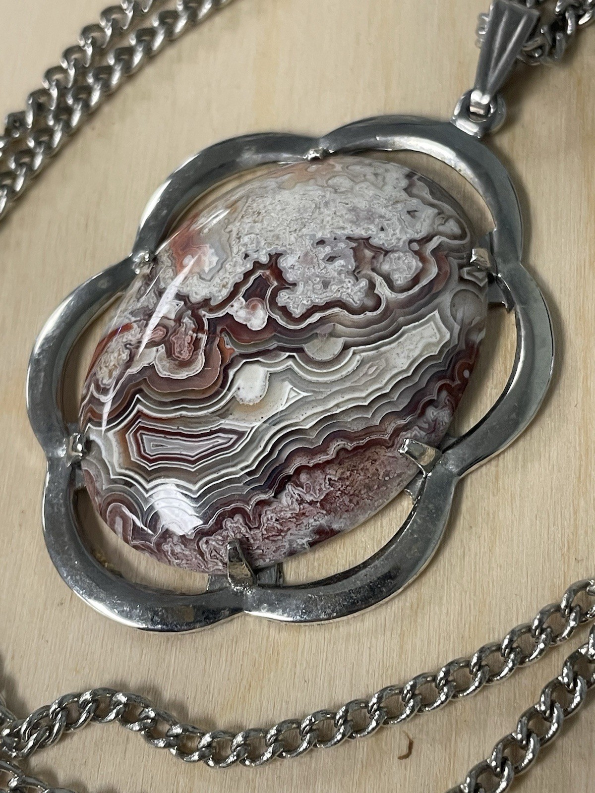 Crazy Lace Agate Large Oval pendant & necklace Set-Silver Tone-24”