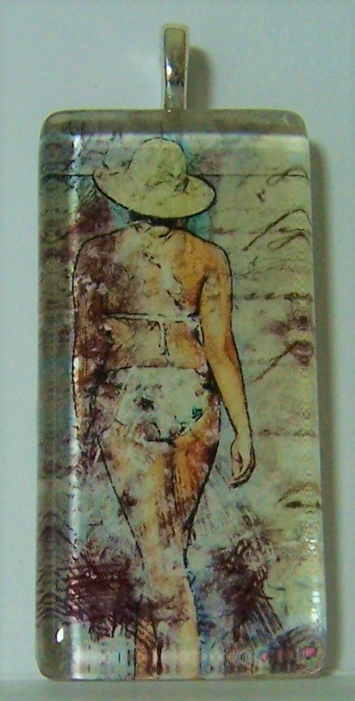 Handcrafted Glass Tile Pendant Zen Hokusai Waves Flowers Leaves Woman w/Necklace