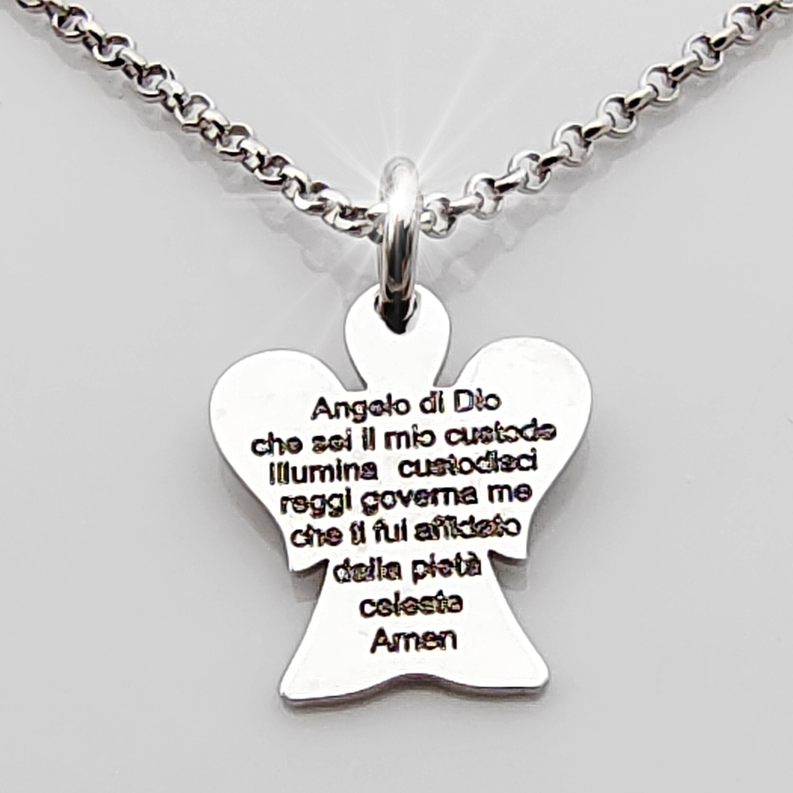 Silver Chain Necklace With Angel Pendant And Engraved Prayer Angel Of God