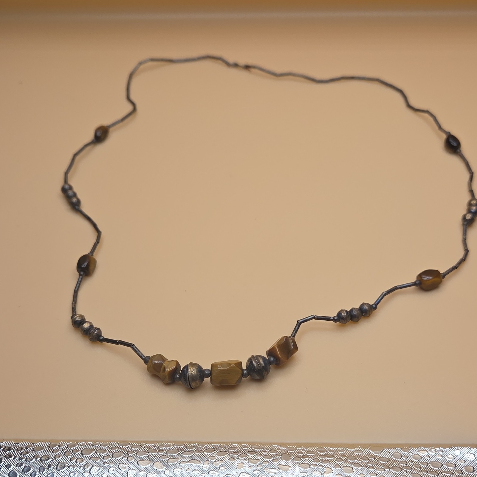 Vintage Metal And Brown Beaded Necklace with Irregular Stones