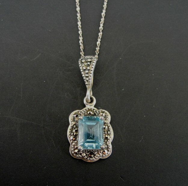 SU Necklace Blue Stone Marcasites Sterling Silver 925 Pendant Chain Necklace