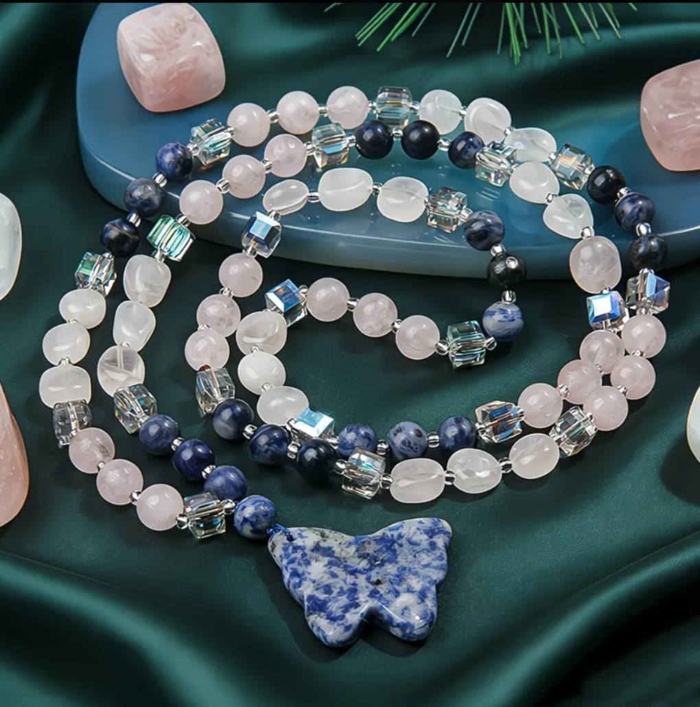 Boho Natural Stone Sodalite & Rose Quartz Butterfly Long Beaded Sweater Necklace