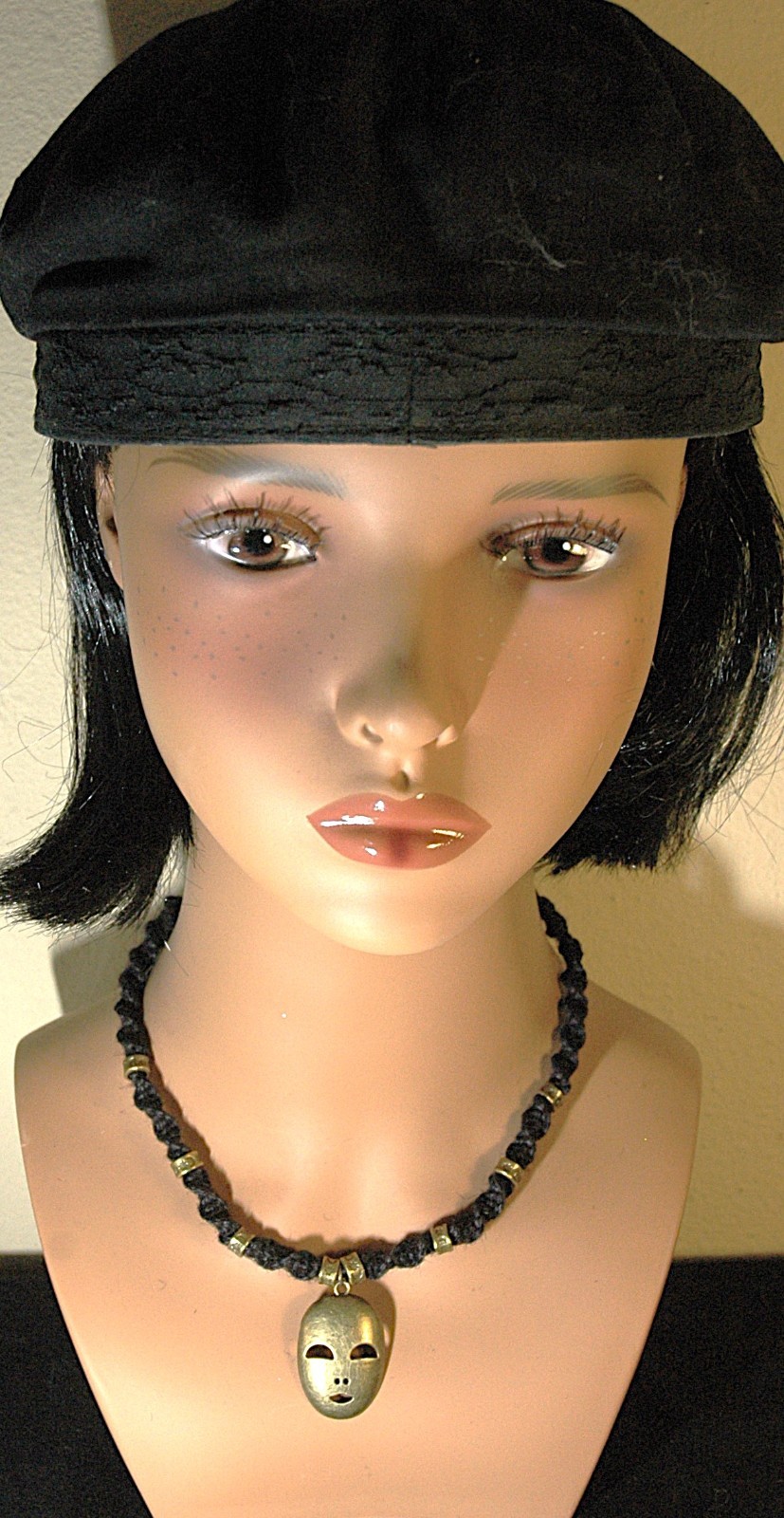 Theater Mask Cirque du Soleil-Style on an 18 1/4″ Handcrafted Black Hemp Choker