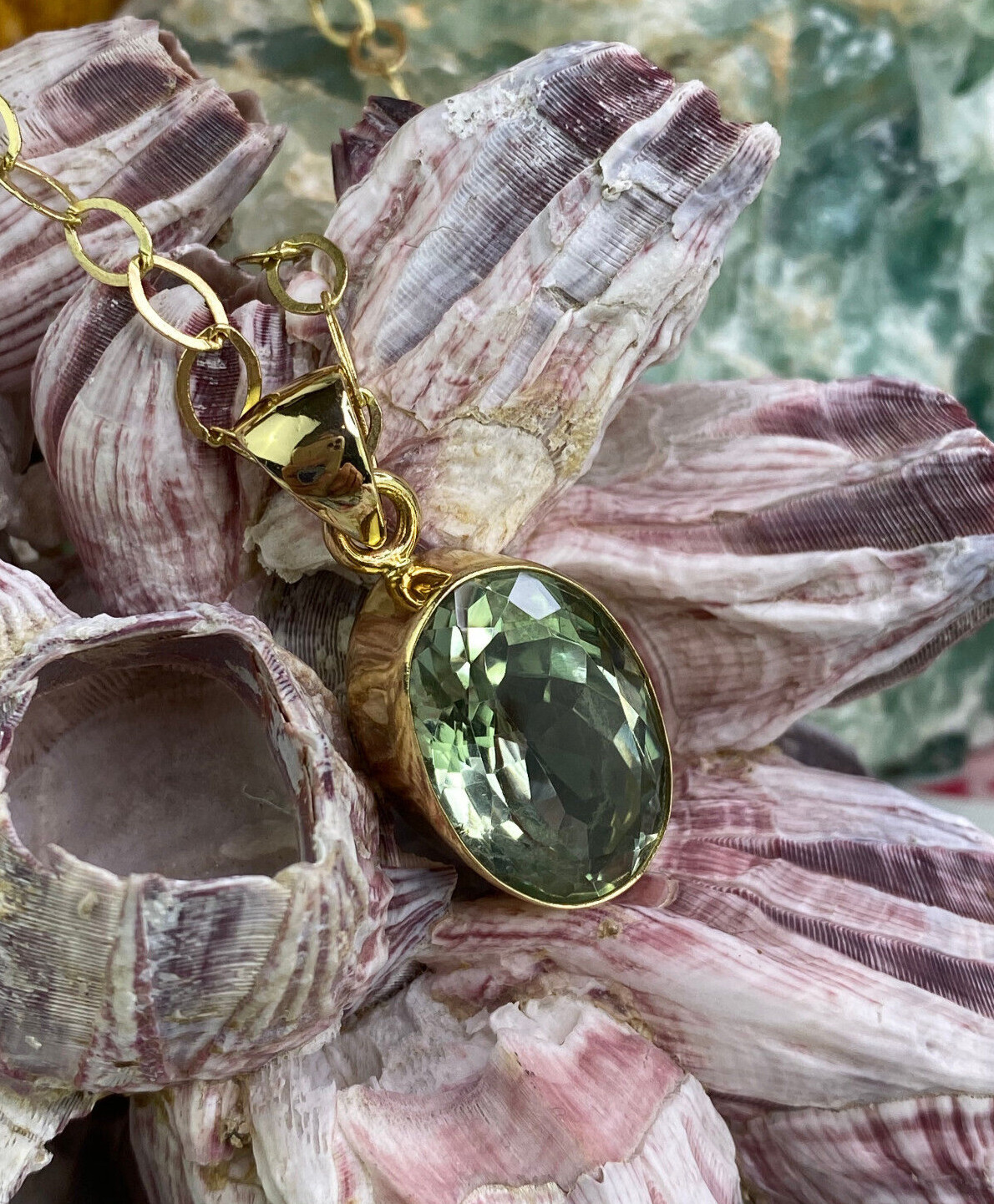 Charles Albert Green Amethyst Facetted Oval Pendant & Alchemia Gold Necklace