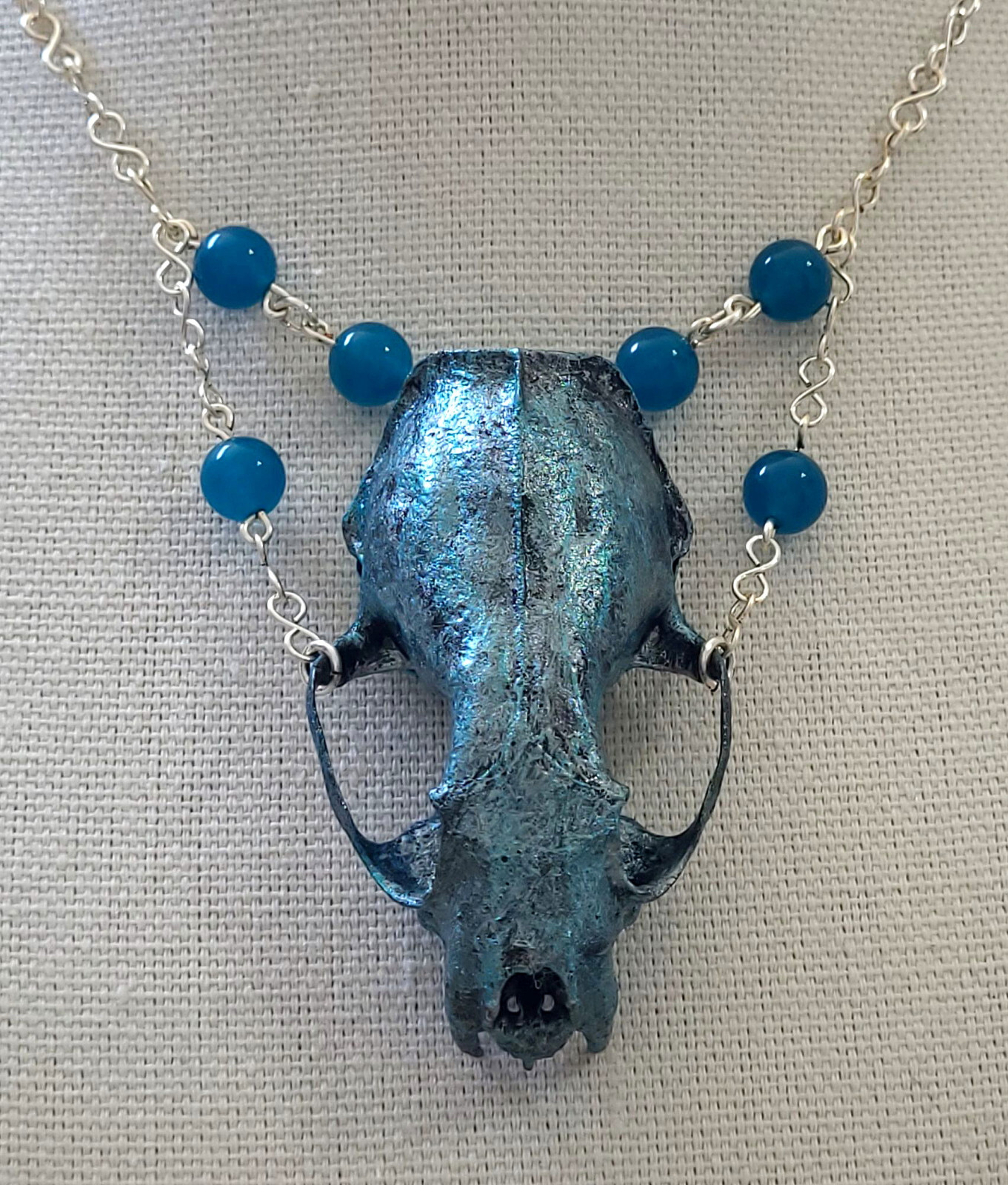 Genuine Mink Skull Statement Necklace Wiccan Goth 925 Sterling Silver Chain
