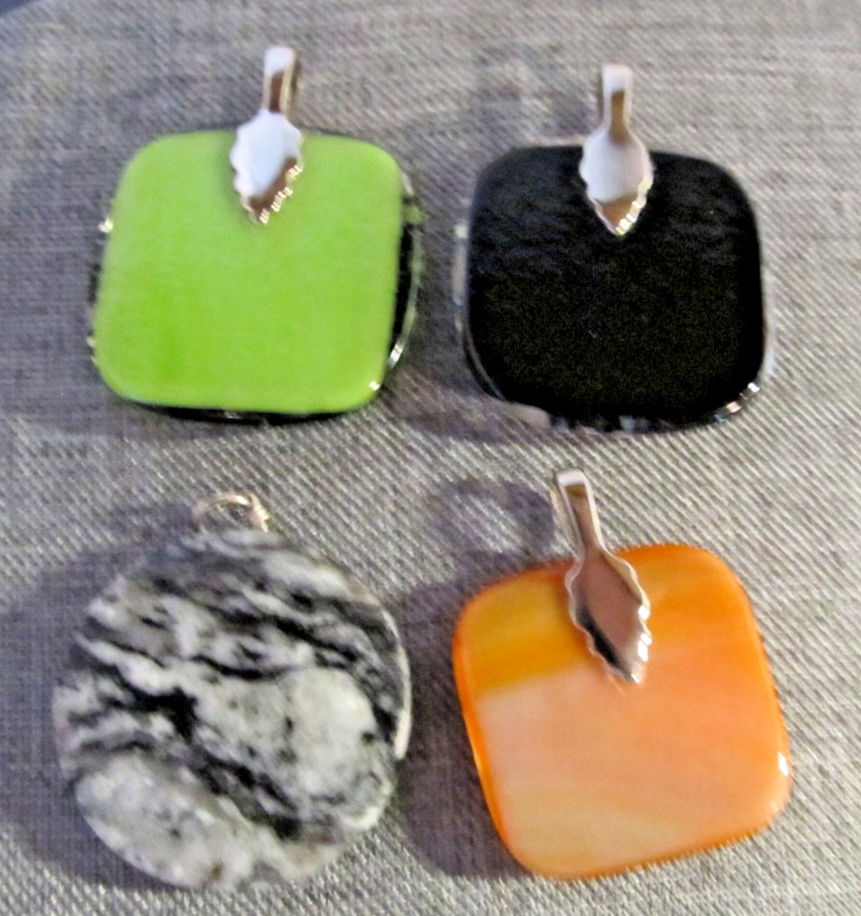 4 Polished Stone & Art Glass Pendants- Black Green & Carnelian & Pinolith Stone