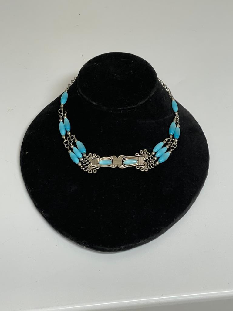 BEAUTIFUL NEW HANDMADE PERUVIAN AQUA TEAL CATS EYE CHOKER NECKLACE 15″ LONG