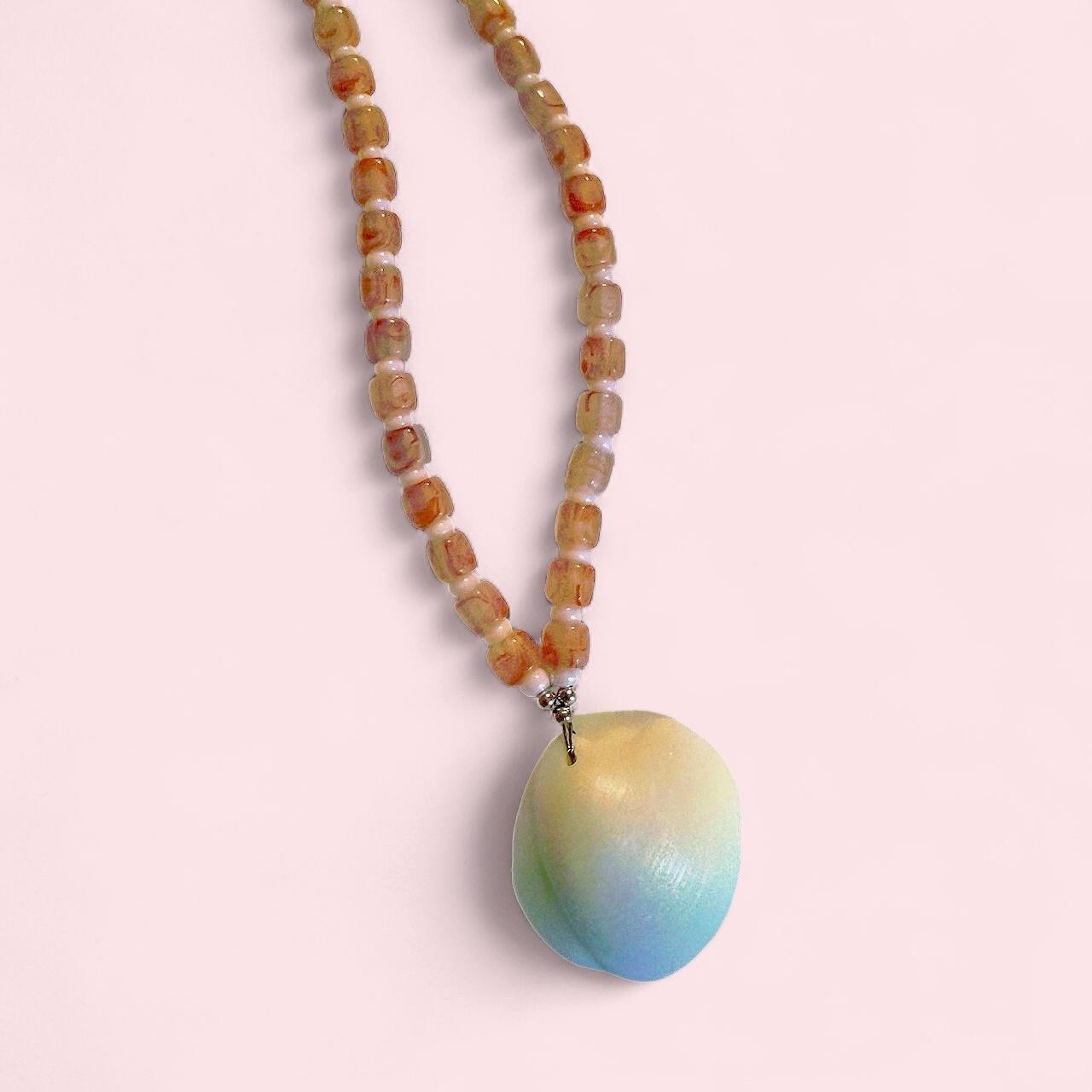 Handmade Beaded Seashell Necklace with White Shell Pendant and Pink Glass Beads