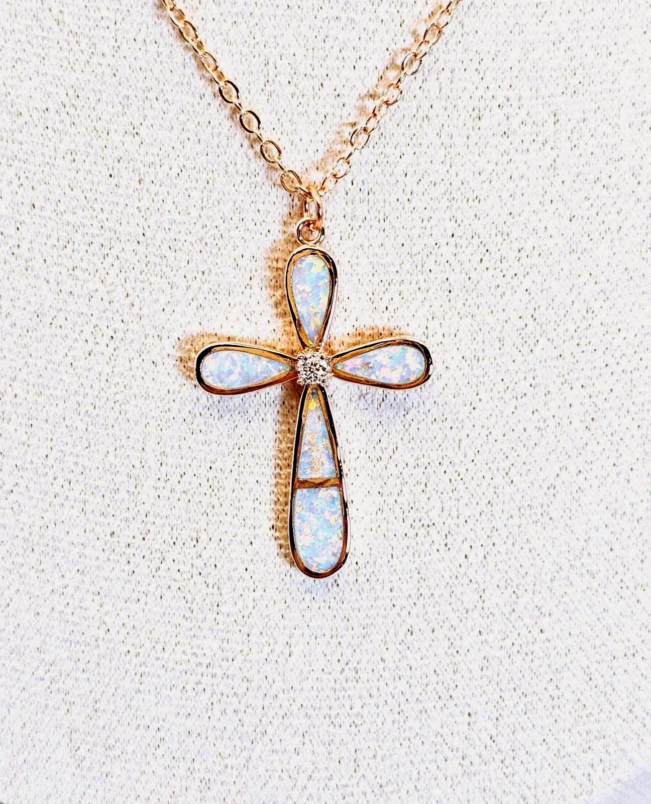Rose Gold Opal Cross Pendant – Adjustable Necklace – Christian Gift for Her