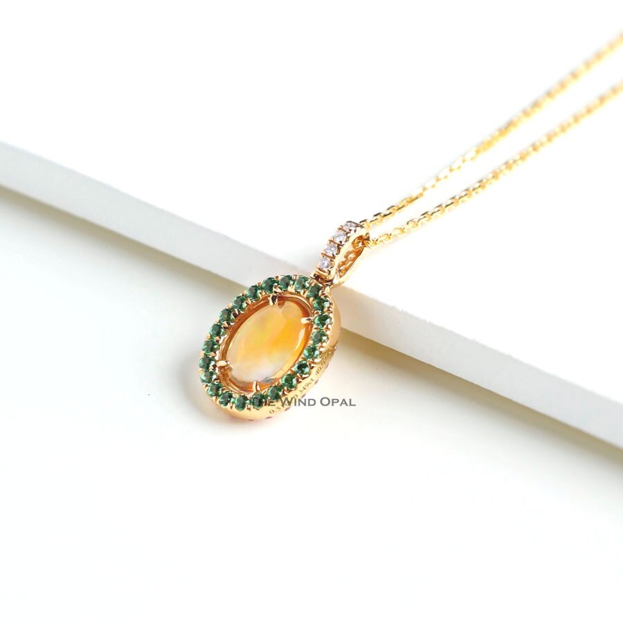 Two Side Mexican Fire Opal, Diamond, Pink Sapphire Tsavorite, Necklace 18K Gold