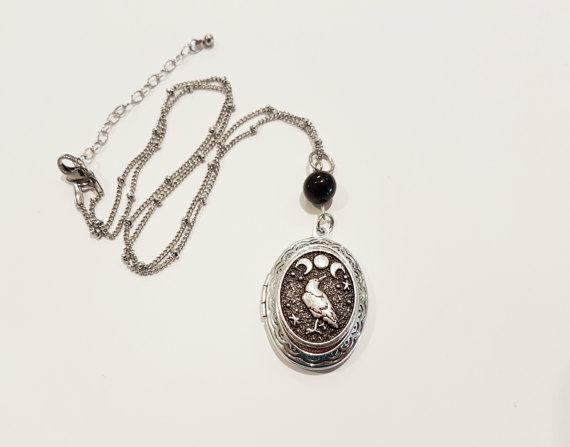 Triple Moon Raven Goddess Oval Silver Locket pagan witch witchcraft crow occult