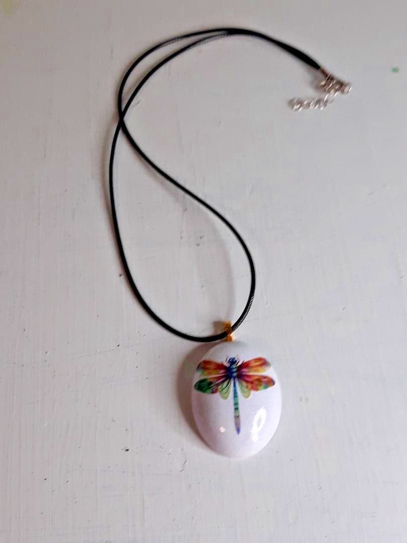 Handmade Eco Resin Dragonfly Pendant Necklace Black Cord Art Jewelry