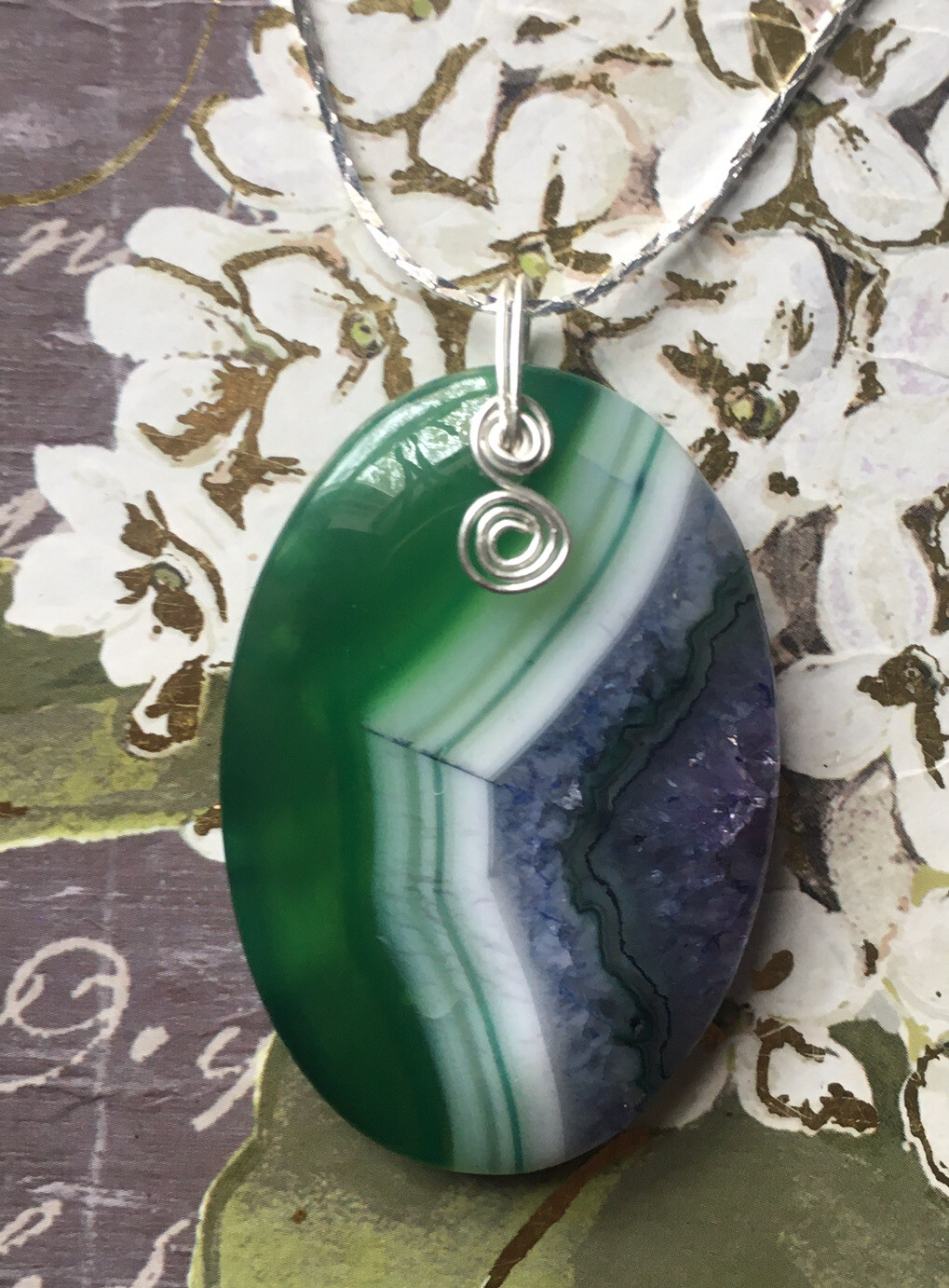 Green Purple Agate Sterling Silver Wire Pendant And Silver plated Necklace