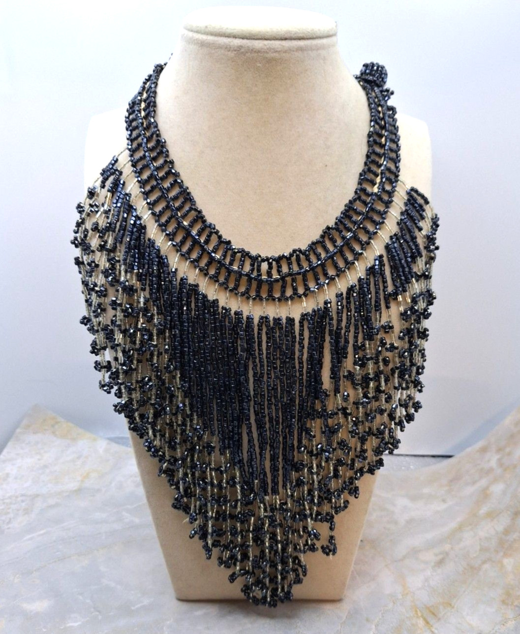 Handmade Beaded Bib Collar Choker Necklace Seed Bead Multi-Strand Statement