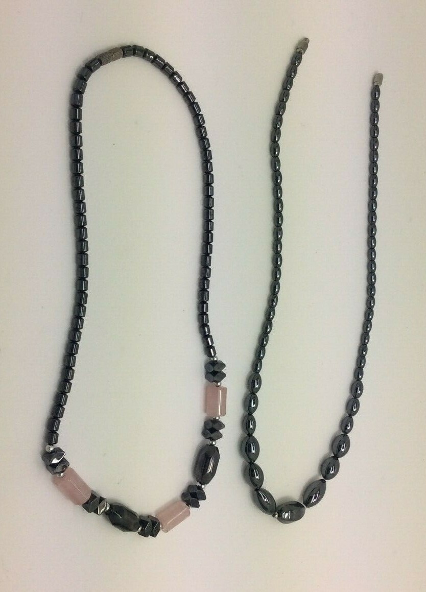 2 Hematite Bead 17- 18″ Necklaces Rose Quartz + Graduated Ovals