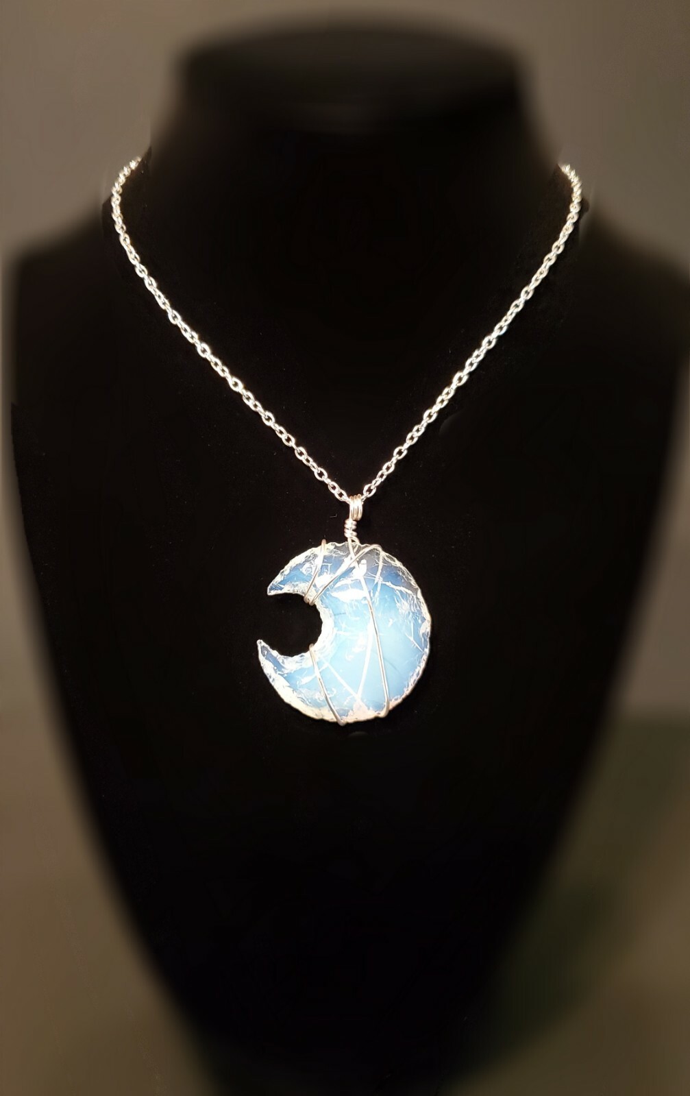 Blue Sky OPALITE Cresent🌙MOON Pendant Silver WIRE and 18′ Chain