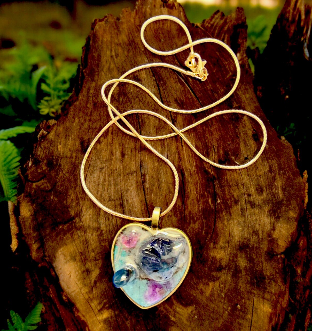 Handcrafted Artisan Necklace, Cat and Heart Mold, Gold Plated Chain, Art Resin
