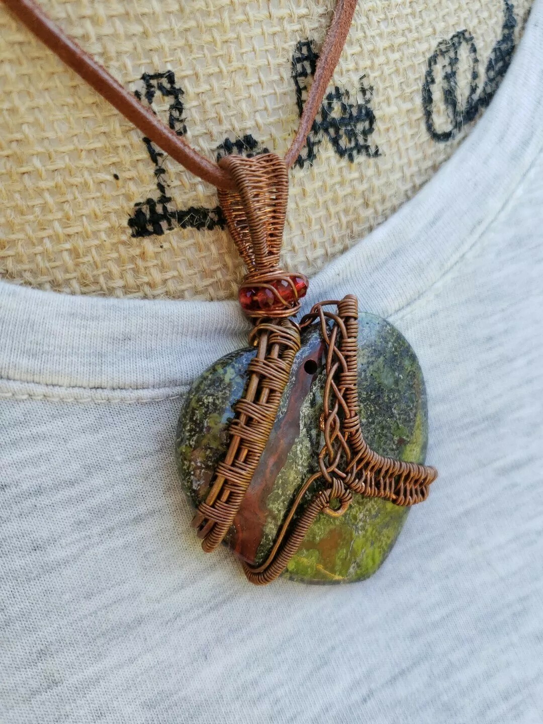 Natural Dragon Bloodstone Jasper Wire Wrapped Copper Pendant Handmade Jewelry