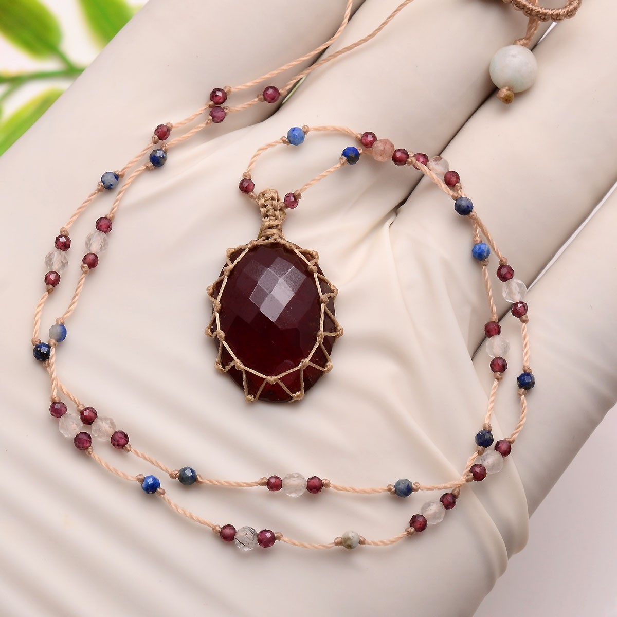Natural Hessonite Garnet Checker Cut Boho Reiki Handmade Macrame Beaded Necklace
