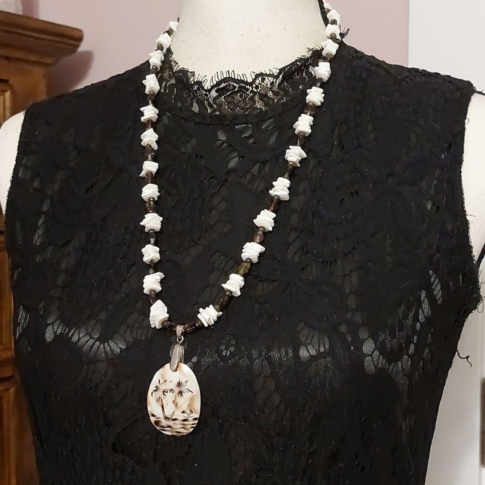 Carved Shell Tropical Island Pendant Long Beaded Necklace Toggle Clasp