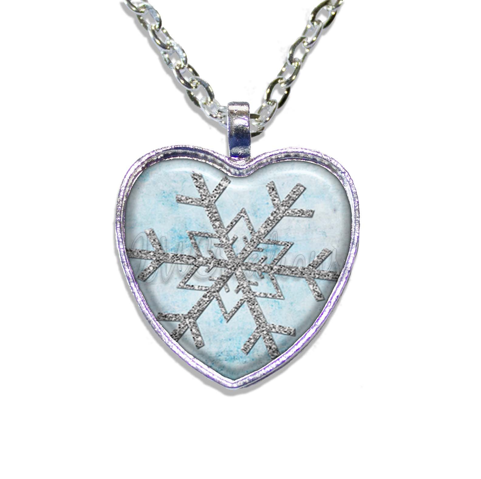 Winter Blue Snowflake – Handmade HEART-shaped Glass Pendant Necklace