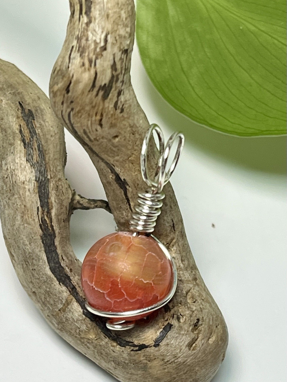 Handmade Wire Wrapped Pendant Orange Bead Wrapped In Silver Wire