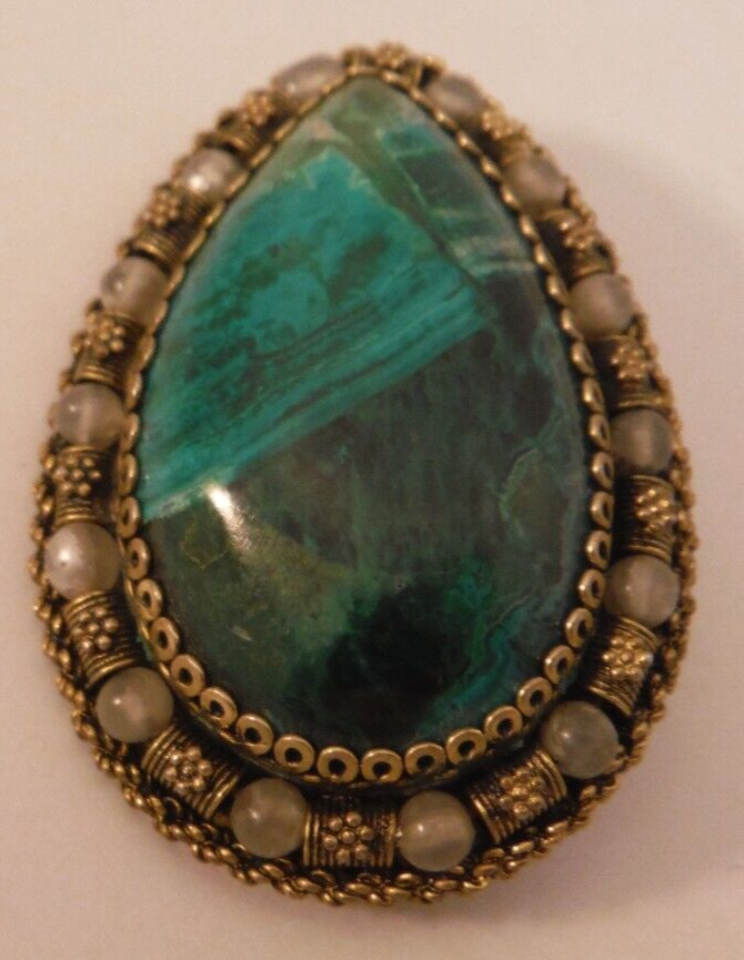 Vintage ISRAEL Sterling Silver Handmade Green Eliat Stone Pendant / Pin Brooch