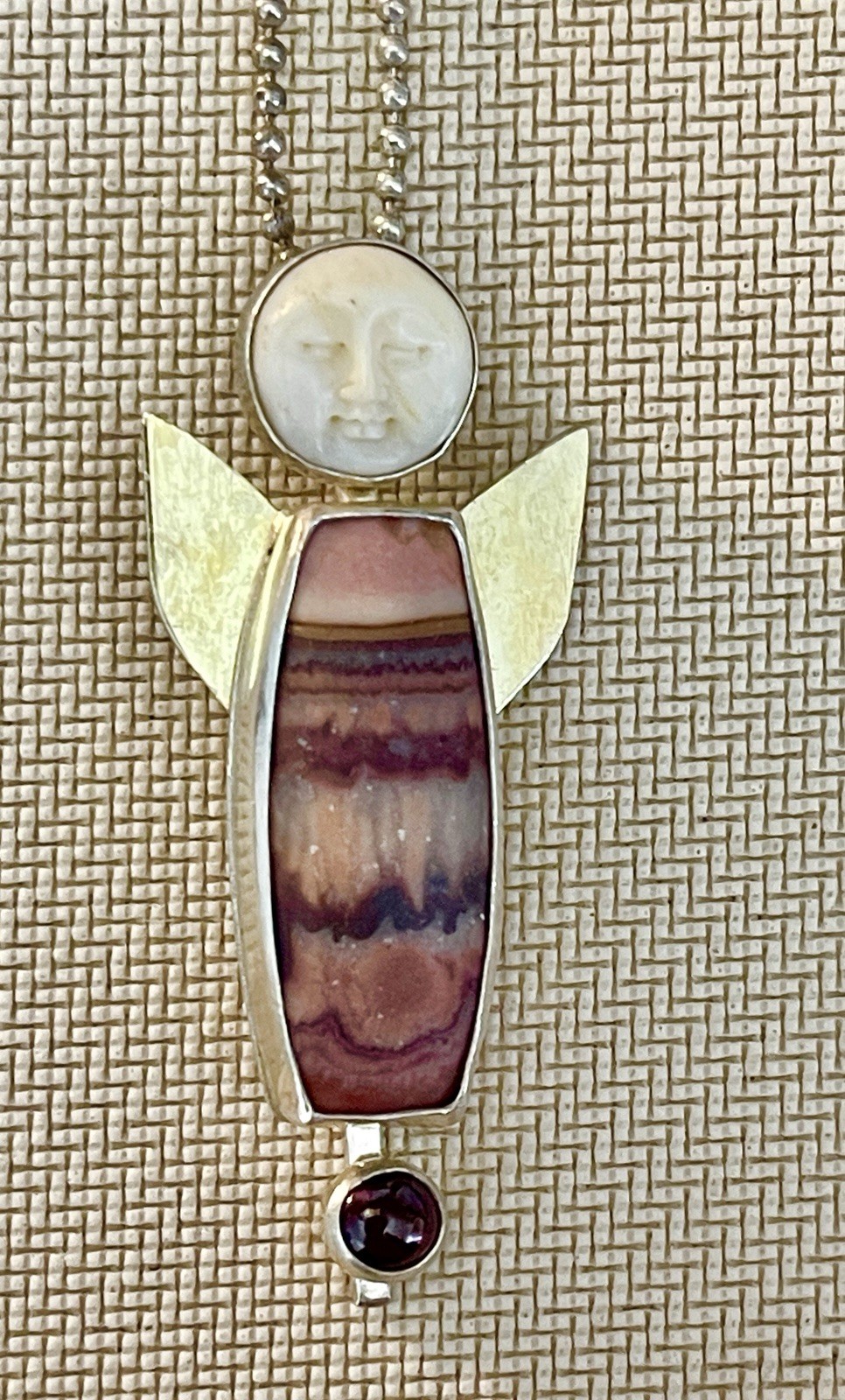 Sterling Carved Moon Face Angel Pendant w Wings, Agate Body, Amethyst, 18″ Chain
