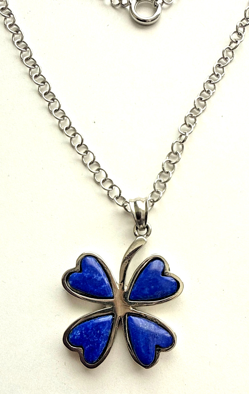 Rhodium Heart Shaped Lapis 4 Leaf Clover 1 1/2″ Pendant and 18″ Rolo Chain