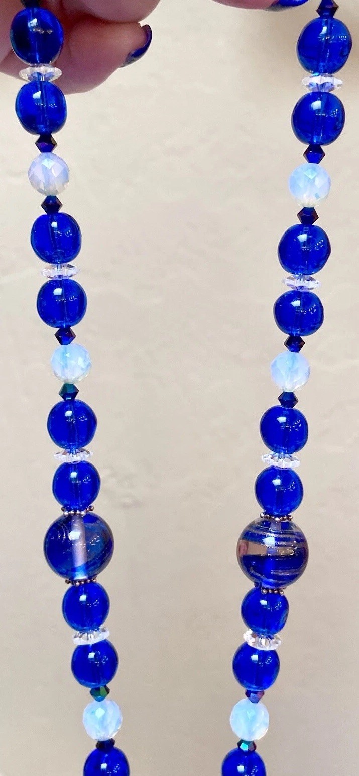 BEAUTIFUL Sterling Silver Cobalt Venetian Art Glass & Opalescent Bead Necklace