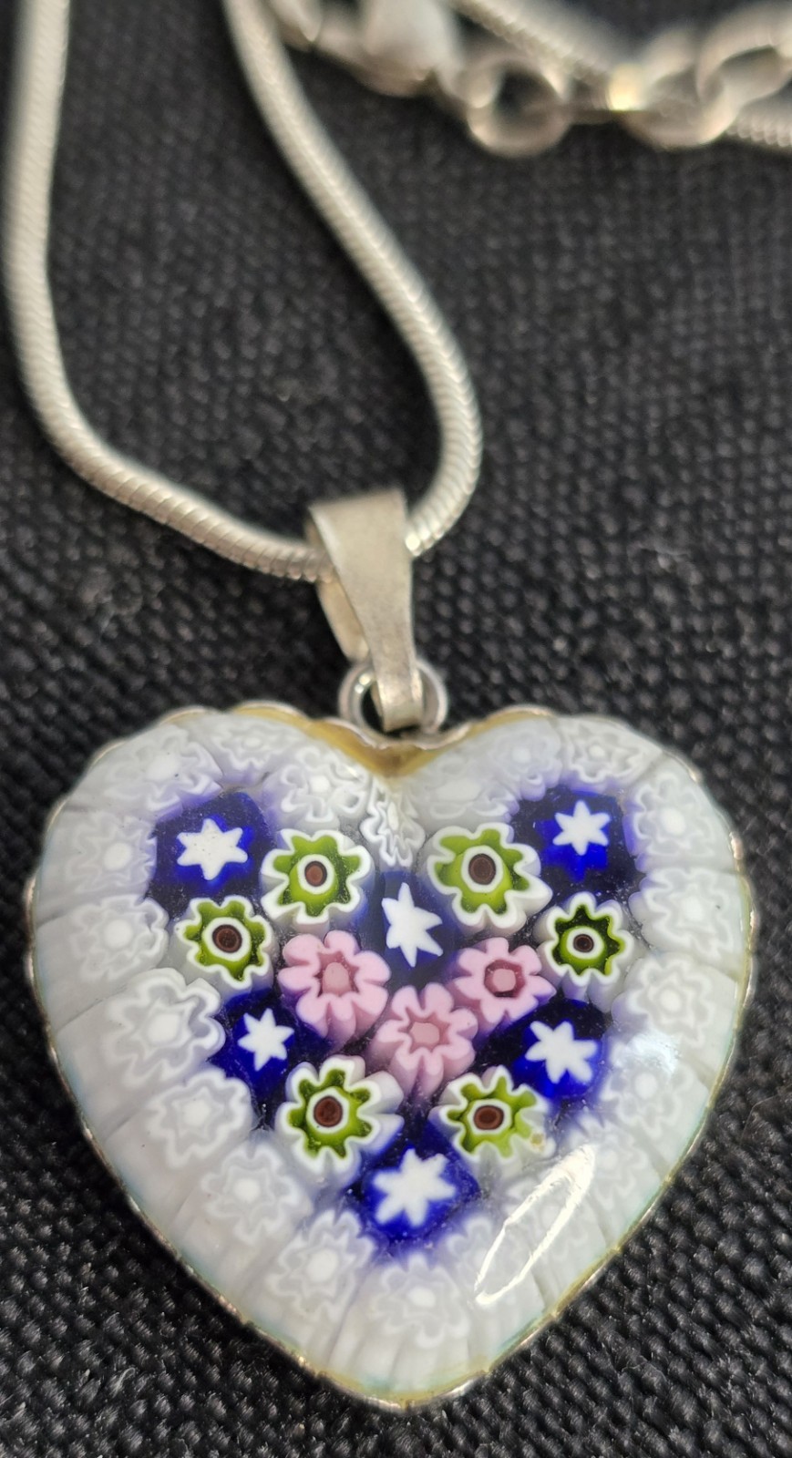 Millefiori Glass Heart Pendant Necklace Sterling 925 Italy