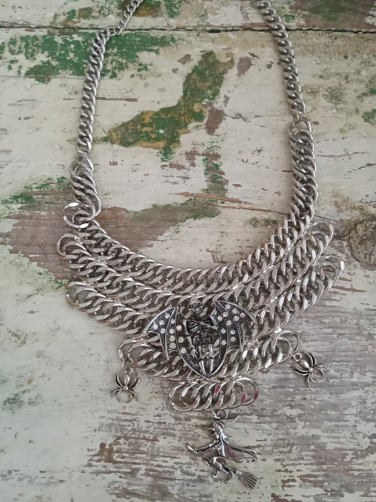 Vintage Aldo OOAK Gothic Collar Necklace Halloween Bat Witch Spider Silver Tone