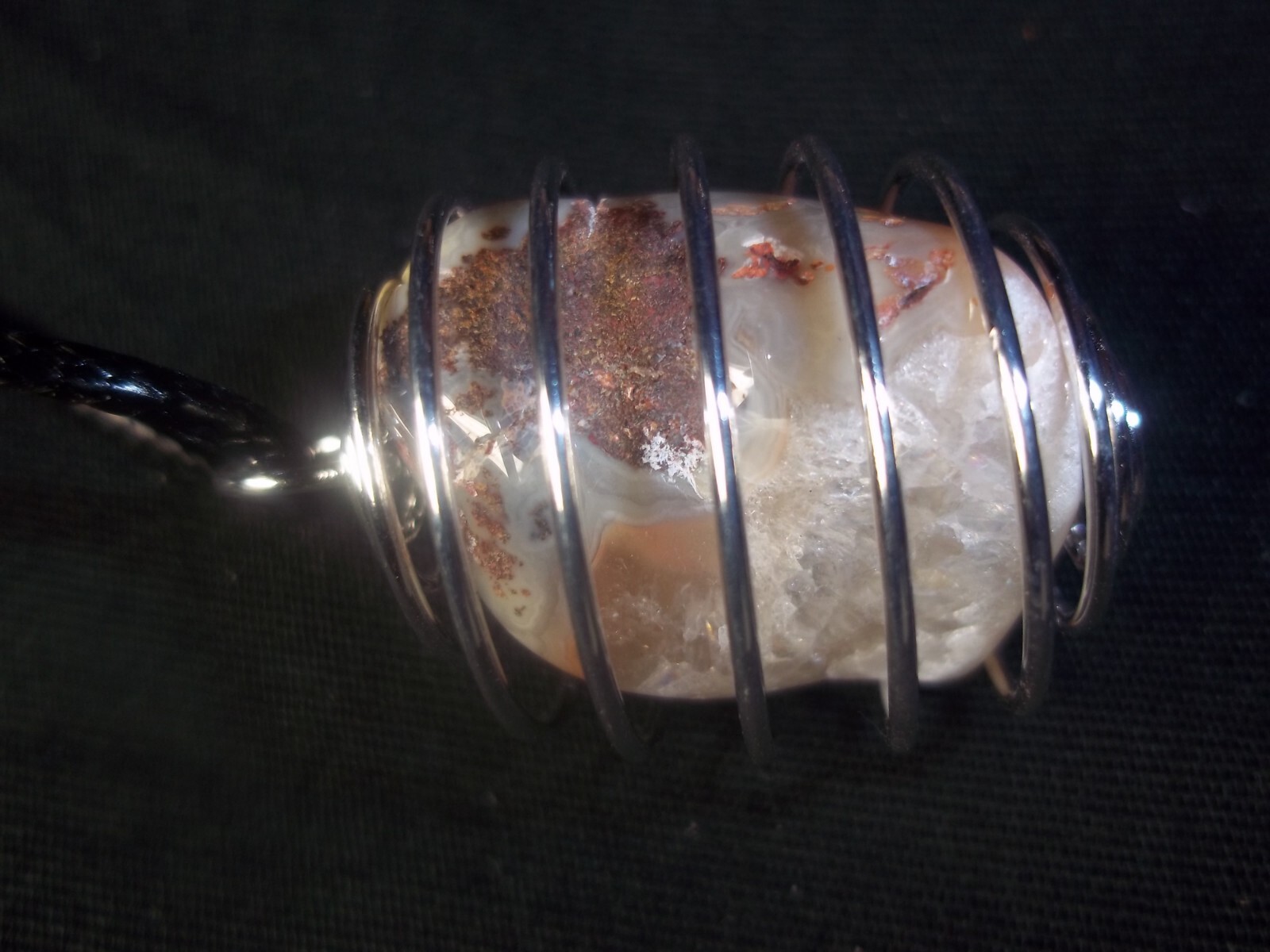 Wire Wrapped Polished Lake Superior AGATE on 24 inch Black Cord Necklace A-176