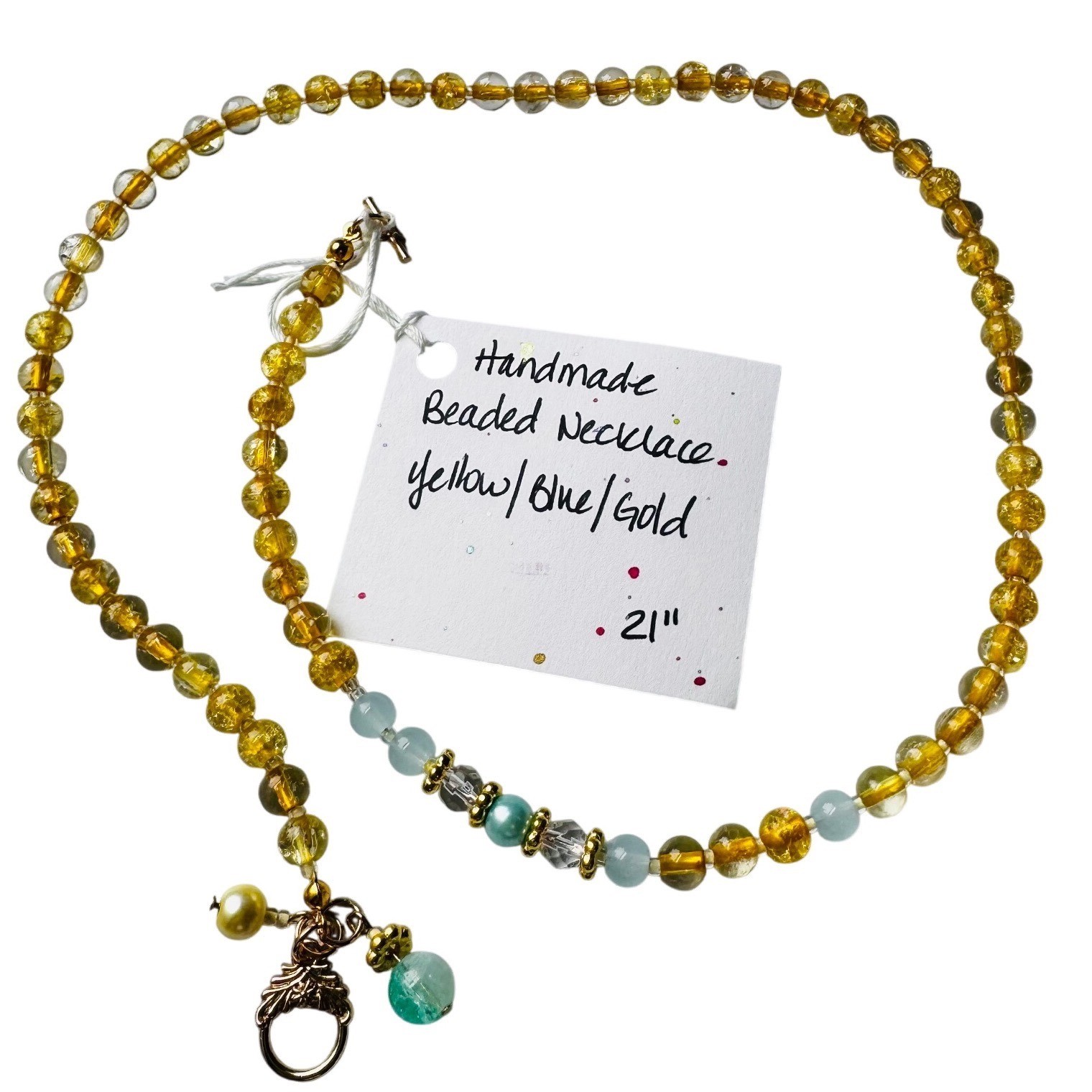 Handmade Beaded Necklace Womens 21in Yellow Blue Gold Toggle Clasp