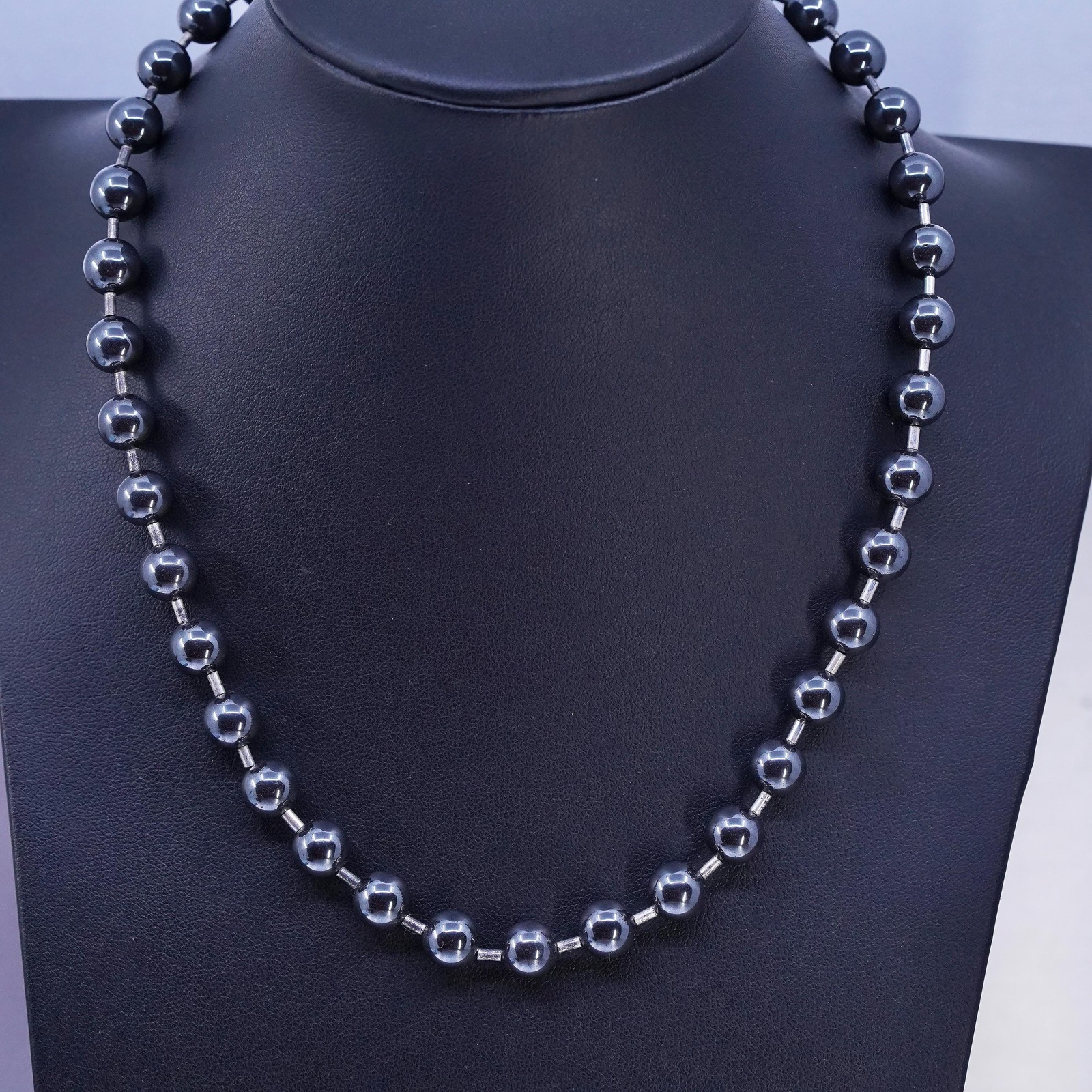17″ 7mm, Vintage Sterling 925 silver handmade necklace with hematite beads