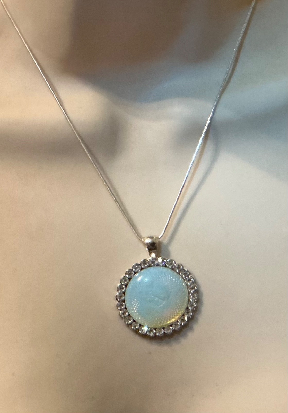 opal cabocon set in rhinstone round bezel handmade
