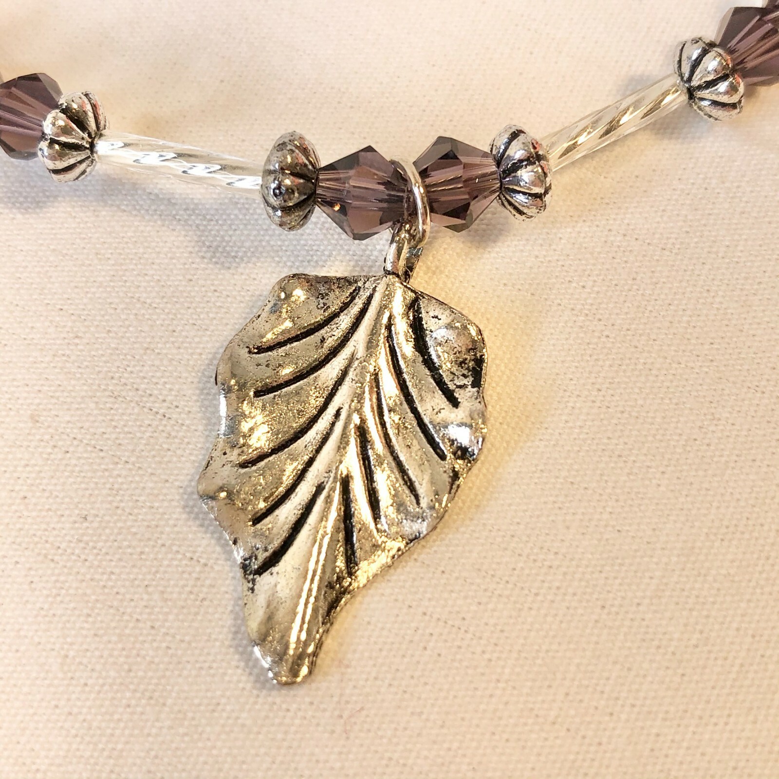 Handcrafted Beaded Necklace Silver Leaf Pendant & Purple Beads Chain Jewelry NEW