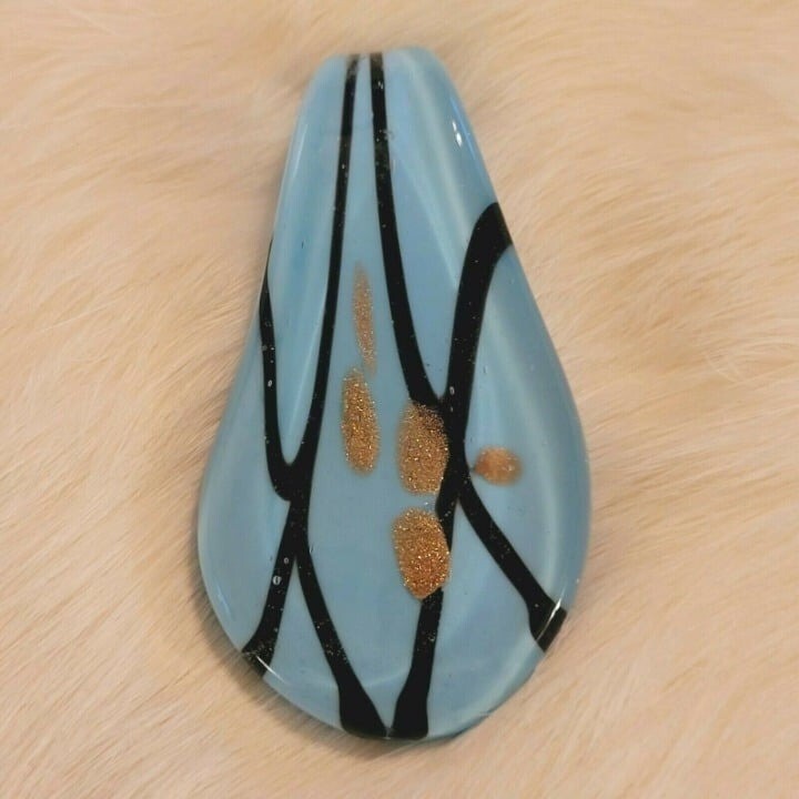 Art Glass Pendant Sky Blue Dichroic Whimsigoth Black Stripe Gold Metallic 6417