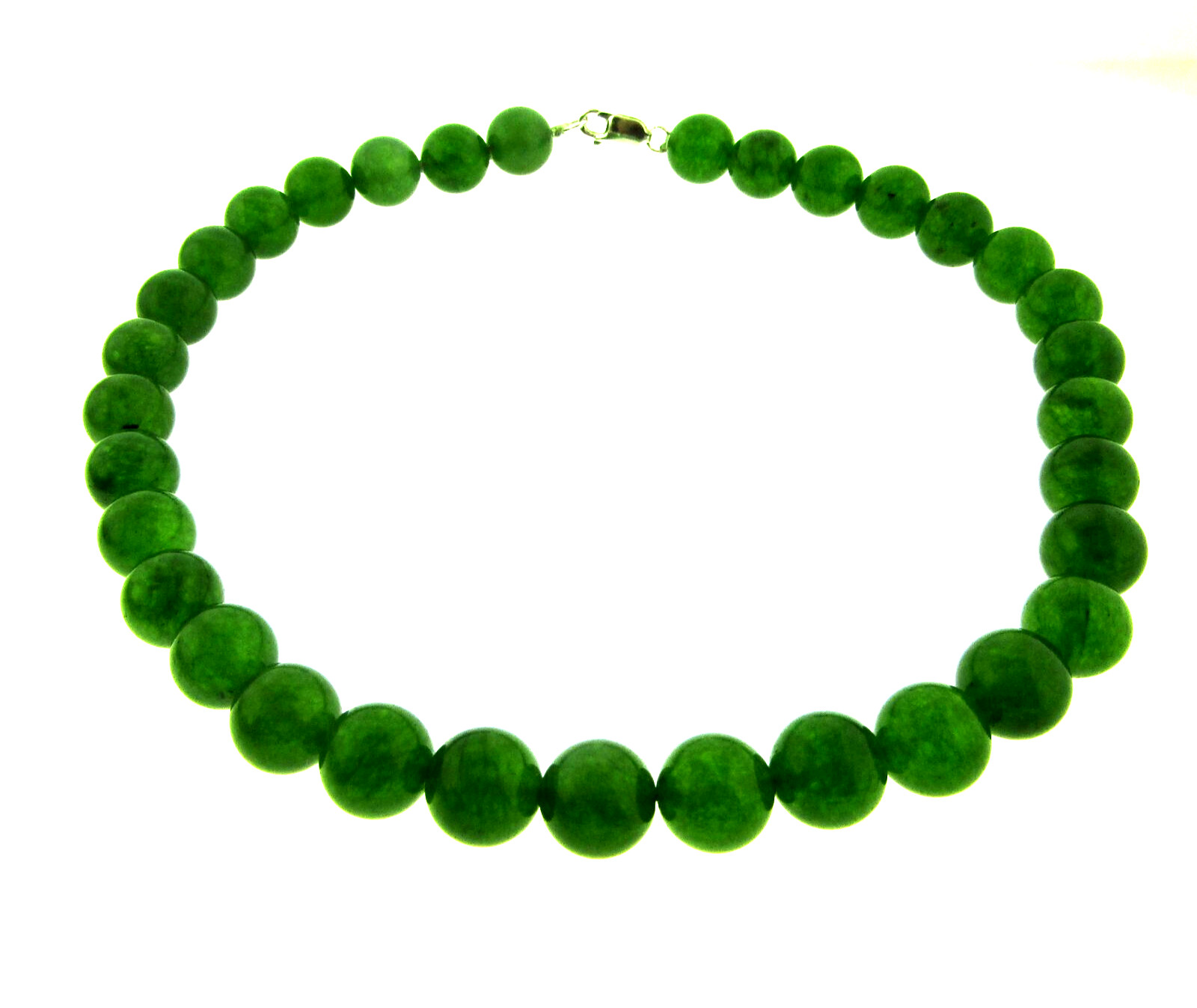 Green Jade Bead Necklace 12mm 16.5 Inch Knotted Sterling Silver
